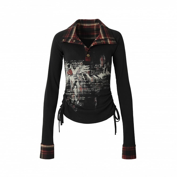 Schwarz-rot kariertes Polo-Top mit Kordelzug in der Taille