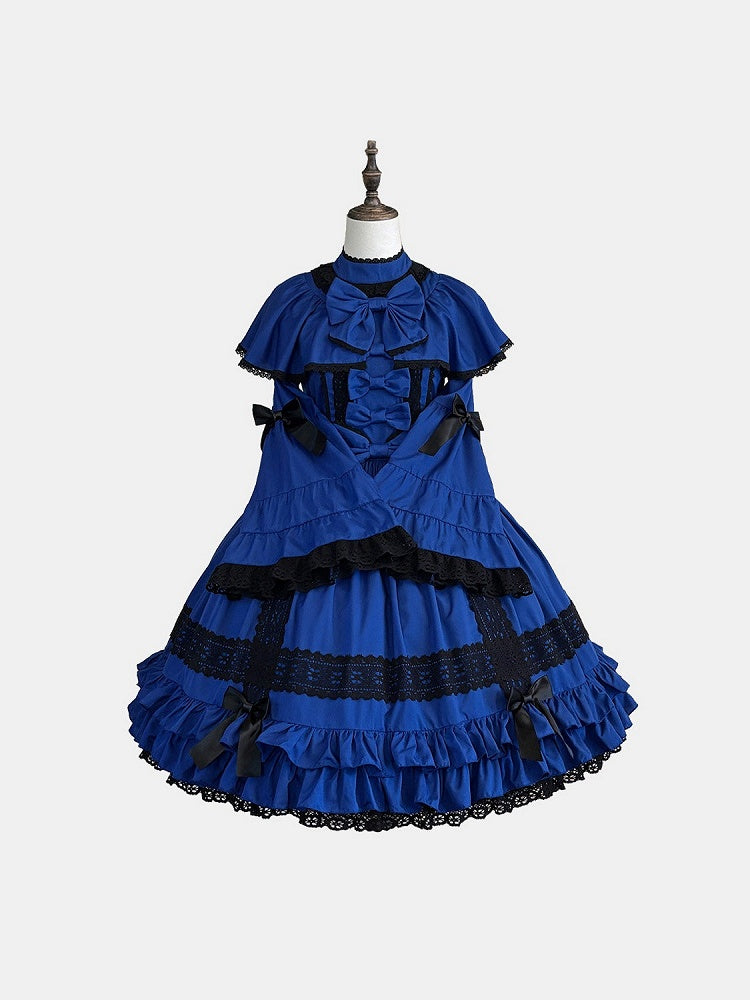 Gothic Lolita Bowknot A-line OP Dress in Black Dark Blue with Bell Sleeves Ruffle Doll Style - NnSTAR