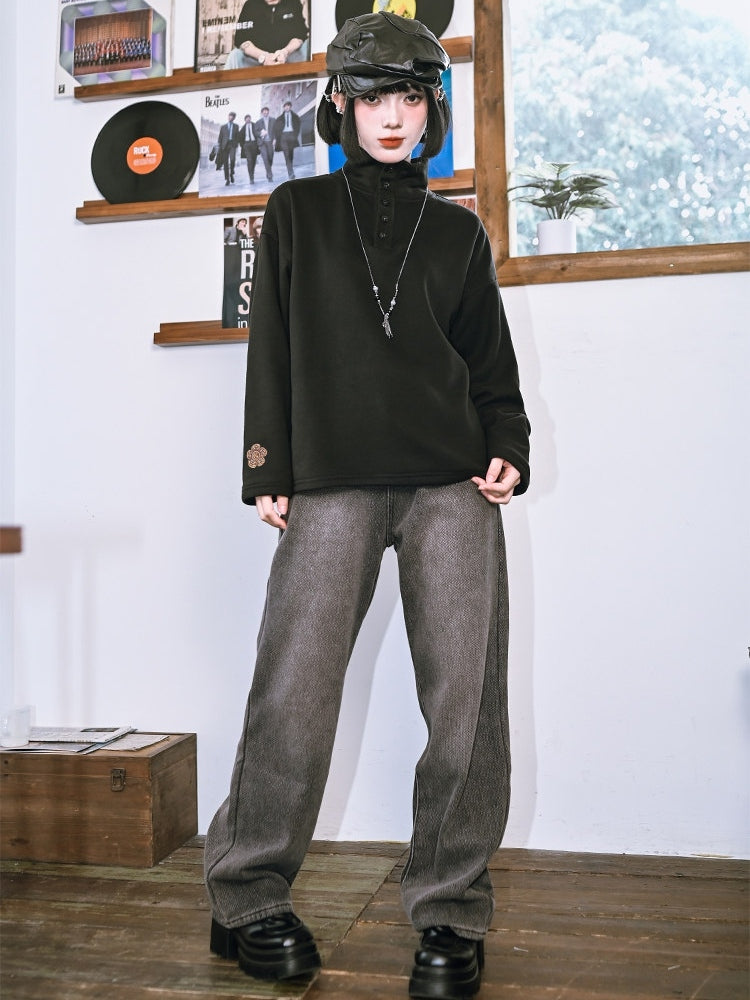 Long Sleeve Partial Placket - Gothic Black Neck Button Top Mock with Design