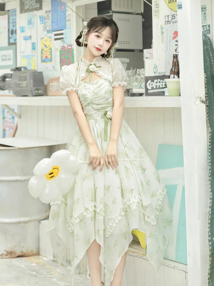 Hem the of Valley Lily Light + Handkerchief Dress Green Print