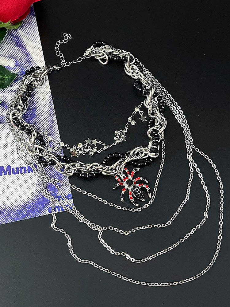 Pendant Necklace Beaded Decorated Silver Spider Rhinestone