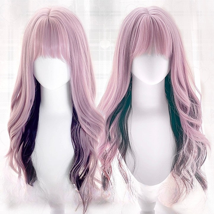 長さ65cm、黒、ピンクウィッグ、エアハイライト、ウェーブ前髪