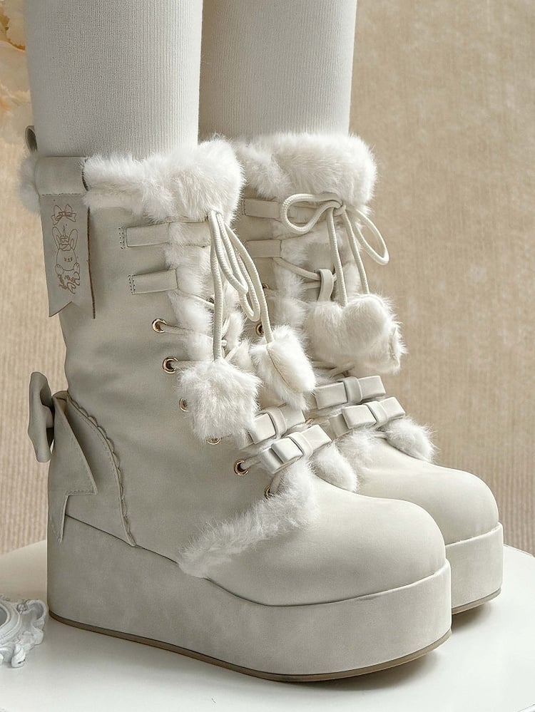 Fleece White Bow Sweet Lining Star Platform Boots Lolita Charm And Pompon Shoelaces for Heart Decor with Winter 4cm -