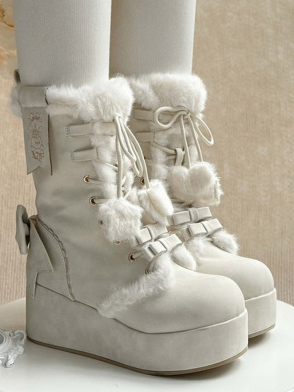 Fleece White Bow Sweet Lining Star Platform Boots Lolita Charm And Pompon Shoelaces for Heart Decor with Winter 4cm -
