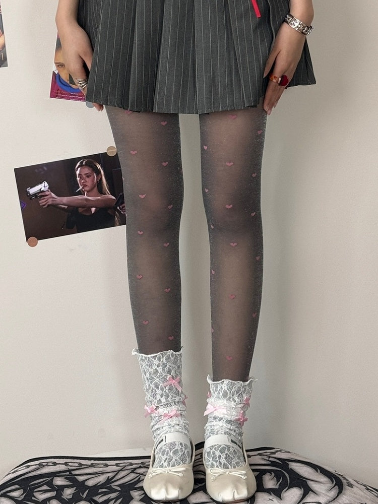 Heart Tights Pattern BlackPurple/GrayPink