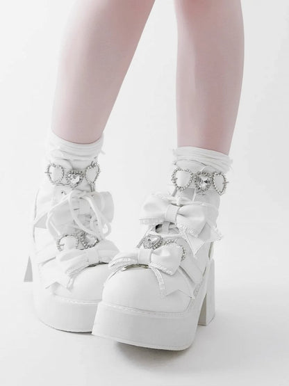 Ankle Lace-up Matte and White Jirai in Kei Buckles Sweetheart Boots with Rhinestones