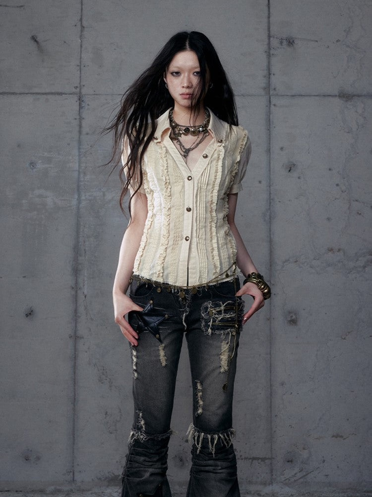 Punk Sleeve Short Pintuck Distressed Wasteland Blouse Pleats with Light Khaki V-Neck Hem