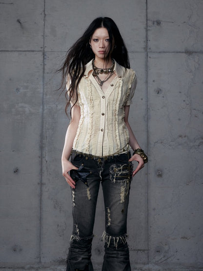 Punk Sleeve Short Pintuck Distressed Wasteland Blouse Pleats with Light Khaki V-Neck Hem