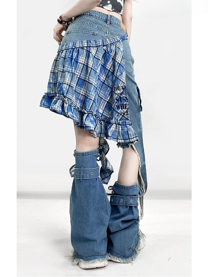 Stulpen + Shorts mit blauem Aufdruck am Saum, glamouröses Muster, bittersüßes asymmetrisches Stern-Set – karierter Applikationsrock, Beinkreuz