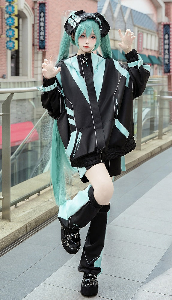 Black and Green Cyberpunk Jirai Kei Outfit - Hooded Jacket Shorts Leg Warmers Headpiece Full Set