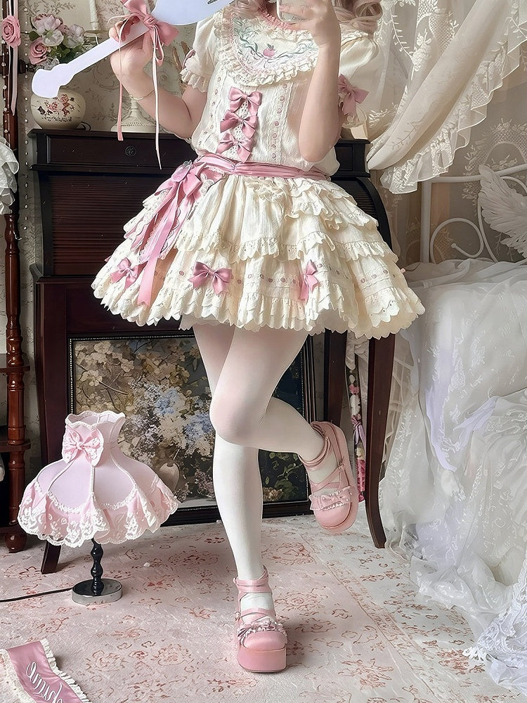 Ruffled Short-Sleeve Lolita OP Dress with Apple Embroidery in Sweet Pink & Beige - Yinying Lolita
