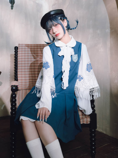 White Peter Pan Collar Bell-Sleeve Shirt with Jellyfish Print & Ribbons - Quirky Hut