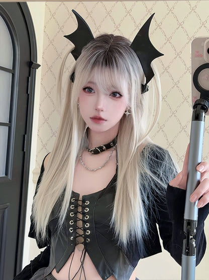 Milchweiße lange glatte Kunsthaarperücke mit Pony