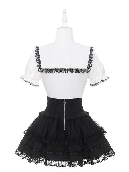 Black White Jirai Kei Sailor Collar Blouse with Lace Detail - Puppet Bombs
