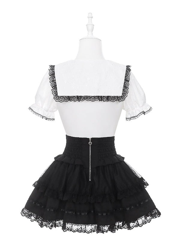 Black Jirai Kei High-Waisted Tiered Skirt with Lace Bow - Puppet Bombs