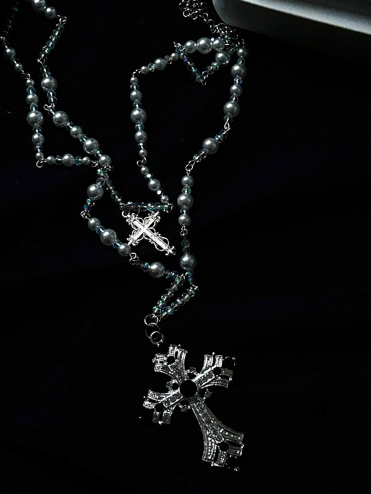 Rot/Weiße Gothic Lolita Perlenkette mit Kreuzanhänger