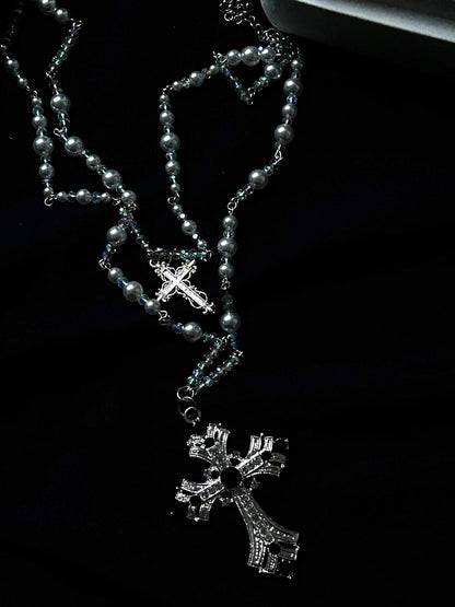 Rot/Weiße Gothic Lolita Perlenkette mit Kreuzanhänger