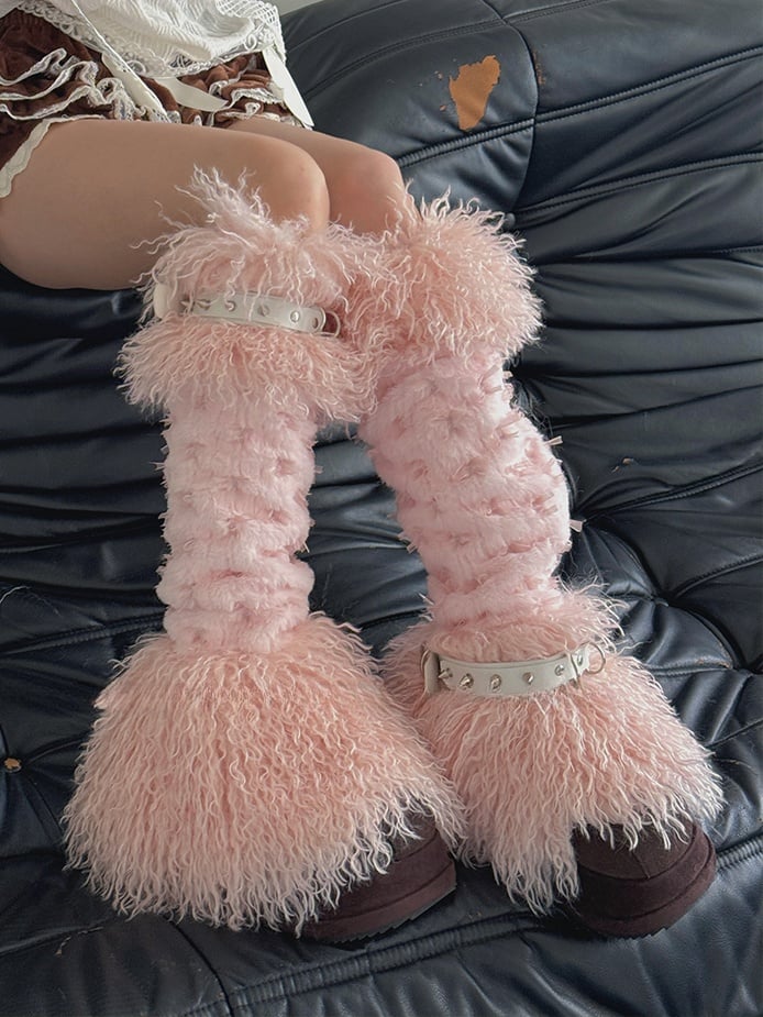 Jambières à poils longs avec nœud papillon rose et boucle à clous