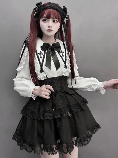 Jirai Kei – Schwarzes Tüllrock-Overallkleid mit Schnürung und hoher Taille, Landmine