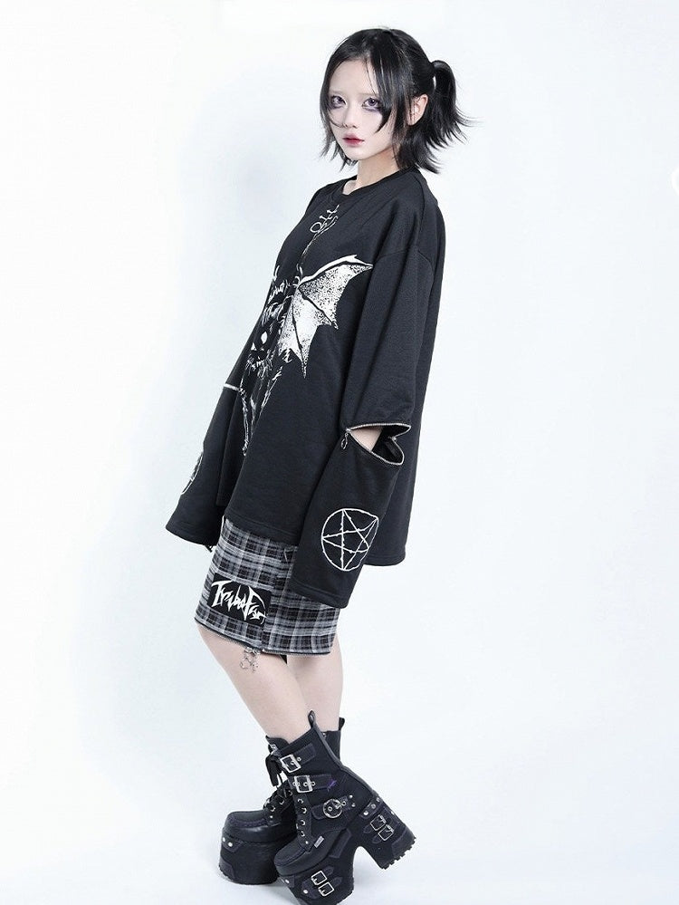 Dark Kawaii Black & White Hell Cat Graphic Embroidered Zip Sweatshirt - Tribuo Flos