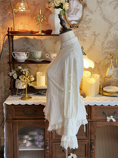 Sleeevs with Pleating Stand and Collar Lace Trim Blouse Beige Details Long