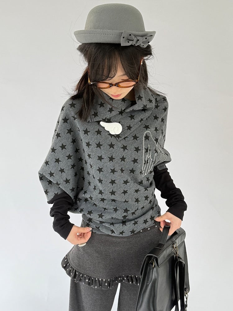 Blouse Star Angel Long Pattern with Wing Asymmetrical Gray Dark Sleeve Accents