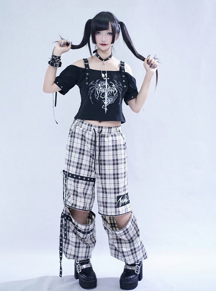 Off-White Plaid Pants with Detachable Legs & Chain Details - Tribuo Flos