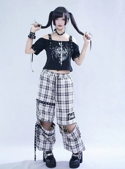 Off-White Plaid Pants with Detachable Legs & Chain Details - Tribuo Flos