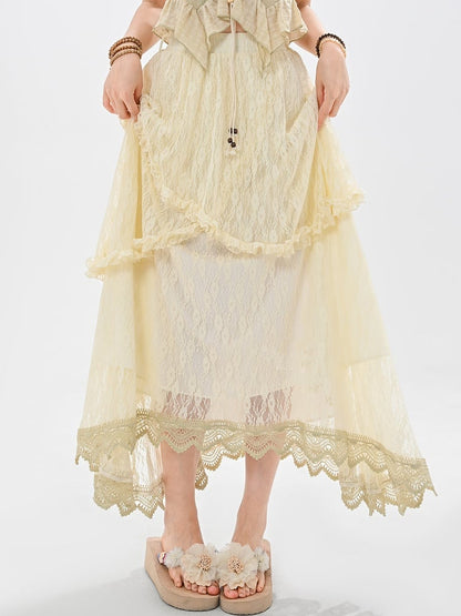 アプリコット ゴムウエスト アシンメトリー レーススカート