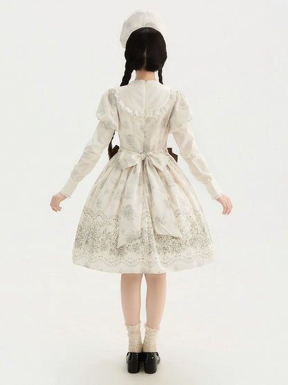 White and Piece Bodice Short Bowknot One Floral Embroidery Classic Version Lolita