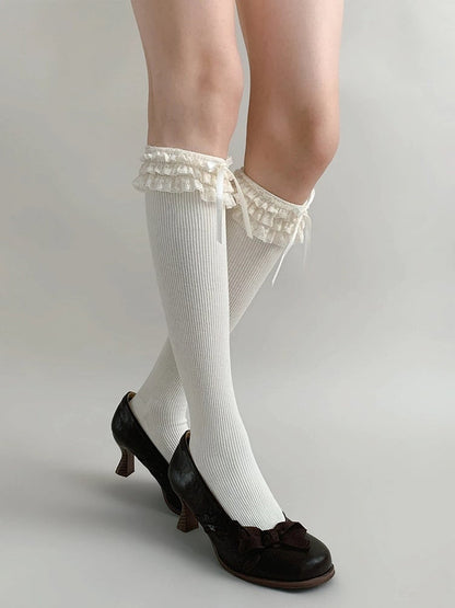 Ribbed Bow Stockings (4 Lace Colors) Ruffle