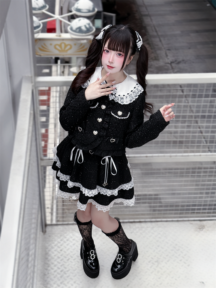White Kei Skirt Lace-Up Black with Tweed Jirai Trim Lace Detail Tiered