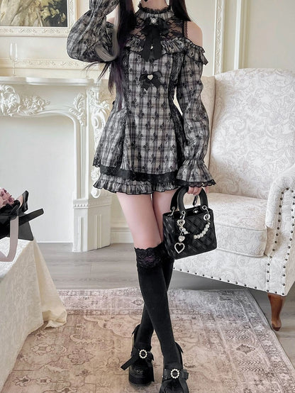 セットスカート カットアウトショルダー ミニショーツ ジライケイ イリュージョンドレス ネックライン チェック柄 フリルグレー裾