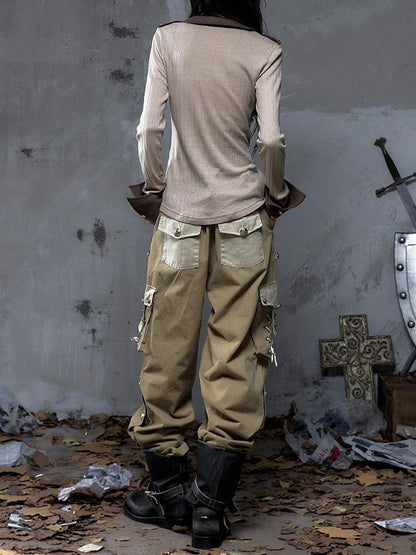 Punk Vintage Pockets Pants 3D with Khaki Cargo Dual-Tone Buttons