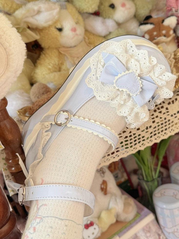 Trim Shoes - Light Strap Lolita Bow Scalloped Sweet Round-Toe Accents Blue Platform