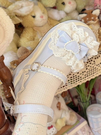 Trim Shoes - Light Strap Lolita Bow Scalloped Sweet Round-Toe Accents Blue Platform