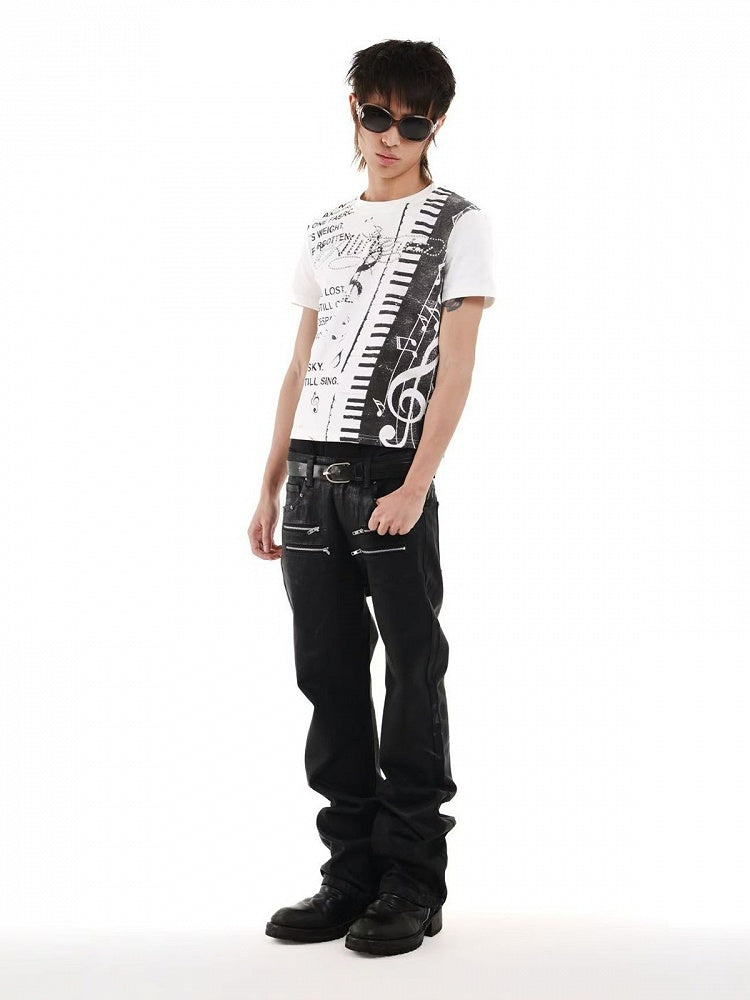Unisex White & Black Letter Music Note Rhinestone T-Shirt