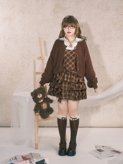 Knit with Size Plus Button-Down Preppy Neck Round Brown Cardigan Front