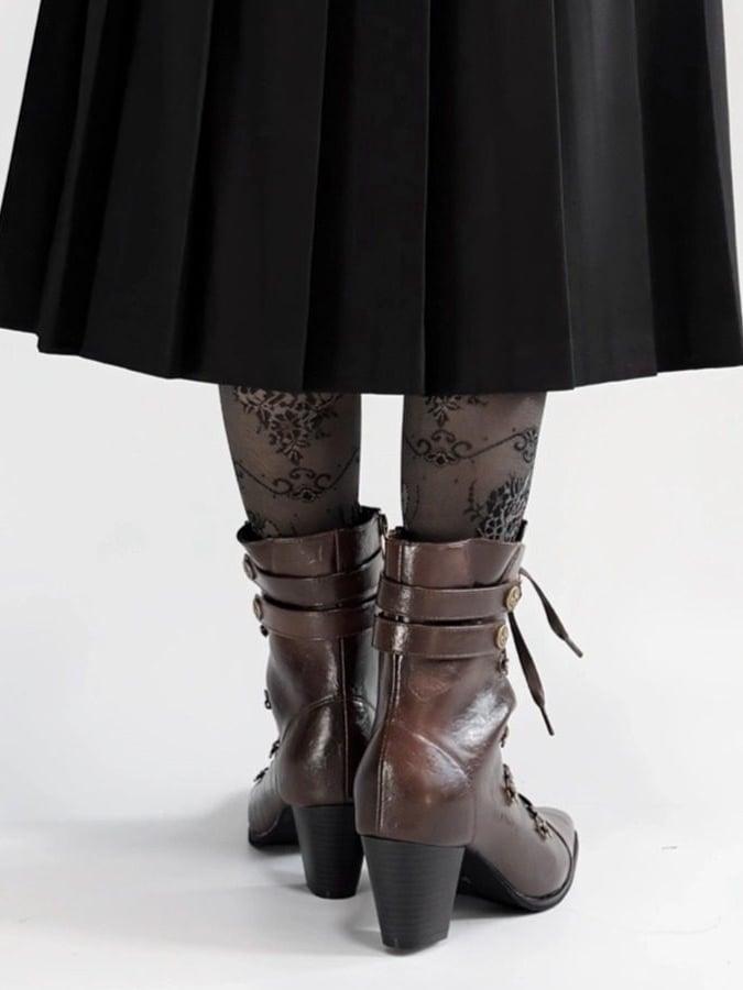 PU Dual with Leather Brown Steampunk Closure - Lace-Up Pointed Zip Toe Boots Ankle Inner
