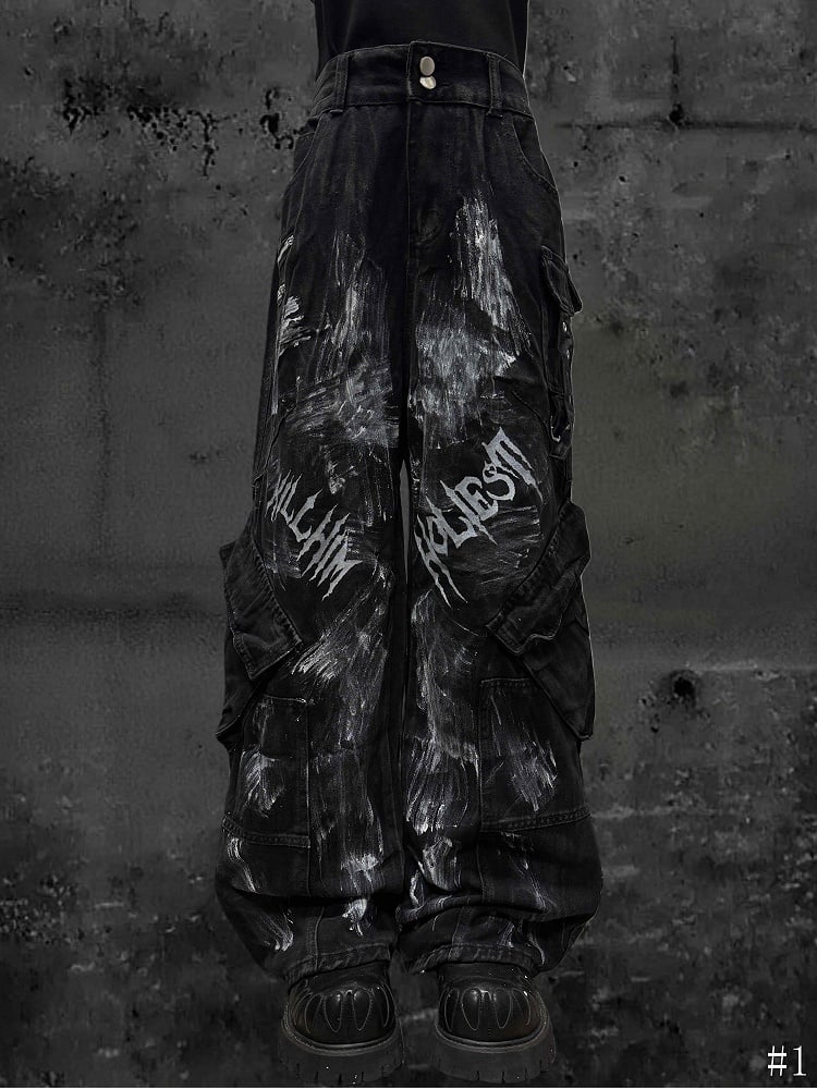 with Cargo Faded Wasteland Wash Paint-Splatter Black Jeans and Wide-Leg Punk Print