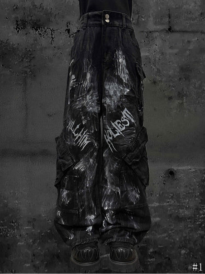 with Cargo Faded Wasteland Wash Paint-Splatter Black Jeans and Wide-Leg Punk Print