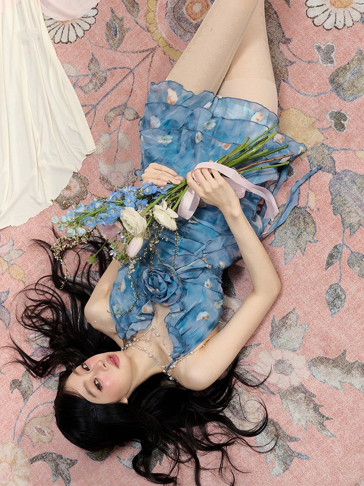 Mini Dress Blue Halter Neck Oil Painting Floral Cascading Ruffle Accents