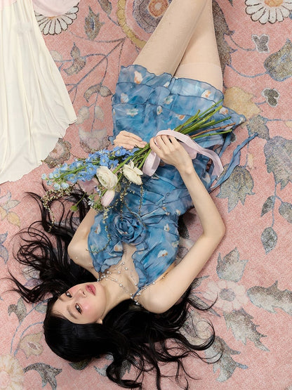 Mini Dress Blue Halter Neck Oil Painting Floral Cascading Ruffle Accents