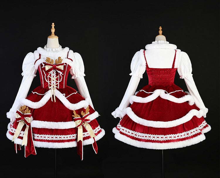 + Christmas Full White Sleeves Lolita Long Set Red Dress Cape Top