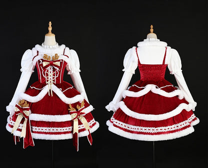 + Christmas Full White Sleeves Lolita Long Set Red Dress Cape Top
