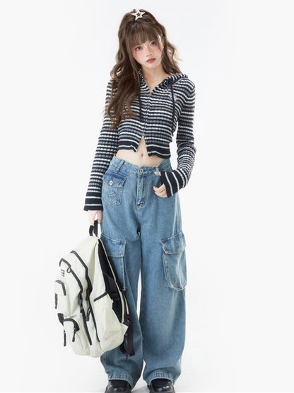 ブラック柄ストライプフードカーディガン / ピンク