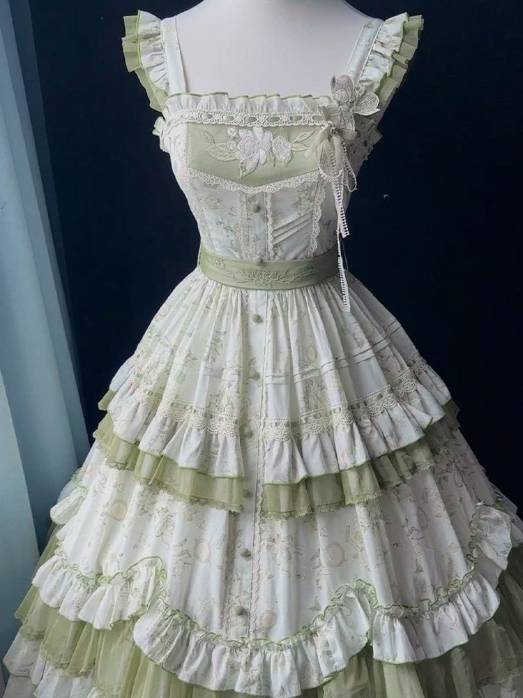 Floral Pink/Green Ruffled Tiered Skirt Lolita JSK Gown with Jasmine Embroidery - ZHIJINYUAN
