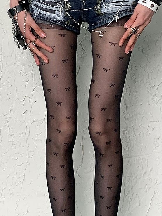 Y2K Fashion Print Gyaru Black Bowknot Tights