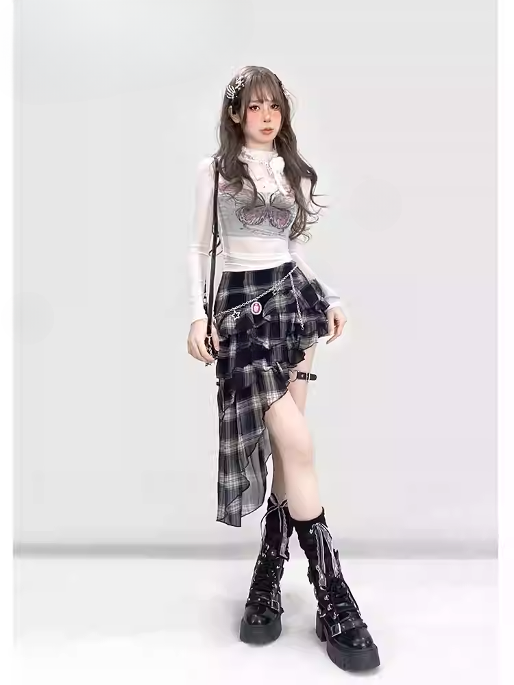 Y2K White Semi-Sheer Mock Neck Butterfly Glamorous Slim-fitting Top