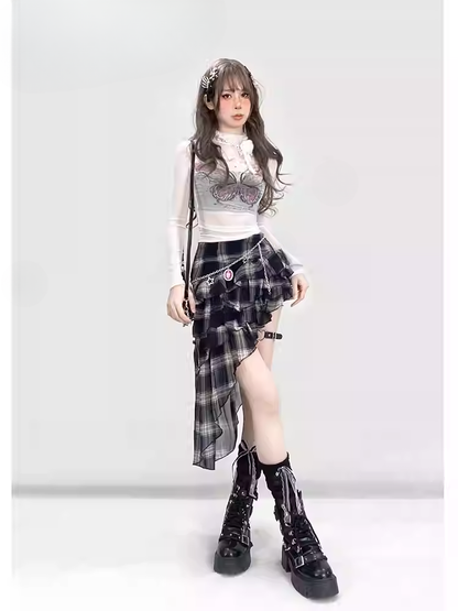 Y2K White Semi-Sheer Mock Neck Butterfly Glamorous Slim-fitting Top